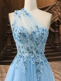 A-Line/Princess One-Shoulder Sleeveless Tulle Evening Dresses with Appliques — view 3
