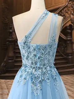 A-Line/Princess One-Shoulder Sleeveless Tulle Evening Dresses with Appliques — view 4