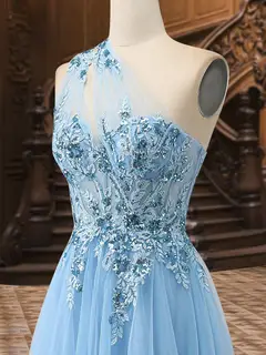 A-Line/Princess One-Shoulder Sleeveless Tulle Evening Dresses with Appliques — view 5