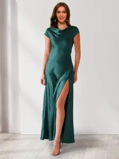 Sheath/Column Cowl Neck Short Sleeves Ankle-Length Evening Dresses with Split Side — view 1