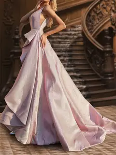 A-Line/Princess Deep V-Neck Sleeveless Ruffles Evening Dresses with Side Slit — view 3