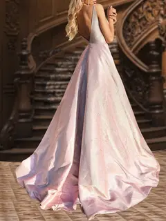 A-Line/Princess Deep V-Neck Sleeveless Ruffles Evening Dresses with Side Slit — view 4