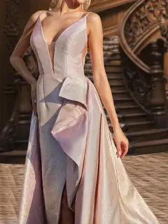 A-Line/Princess Deep V-Neck Sleeveless Ruffles Evening Dresses with Side Slit — view 5