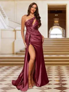 Sheath/Column One-Shoulder Sleeveless Ruched Evening Dresses with Split Side & Sequins — view 22