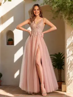 A-Line/Princess V-Neck Tulle Split Side Applique Long Prom Dresses — view 1