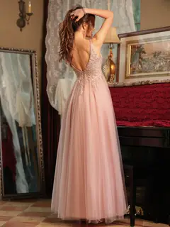 A-Line/Princess V-Neck Tulle Split Side Applique Long Prom Dresses — view 2