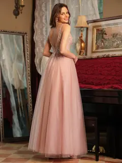 A-Line/Princess V-Neck Tulle Split Side Applique Long Prom Dresses — view 7