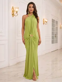 Sheath/Column Halter Sleeveless Floor-Length Evening Dresses with Ruched — view 1