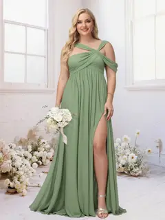 A-Line/Princess Criss Cross Floor-Length Chiffon Ruched Plus Size Bridesmaid Dresses with Split Side — view 1