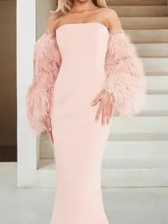 Satin Trumpet/Mermaid Strapless Long Sleeves with Feather Sweep train/brush train Evening Dresses — view 3