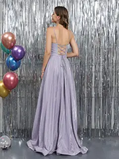 A-Line Spaghetti Straps V-Neck Sleeveless Metallic Lurex Long Prom Dresses — view 2