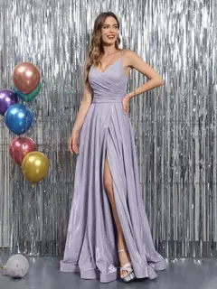 A-Line Spaghetti Straps V-Neck Sleeveless Metallic Lurex Long Prom Dresses — view 3