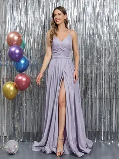 A-Line Spaghetti Straps V-Neck Sleeveless Metallic Lurex Long Prom Dresses — view 4
