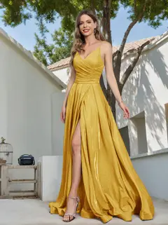 A-Line Spaghetti Straps V-Neck Sleeveless Metallic Lurex Long Prom Dresses — view 15
