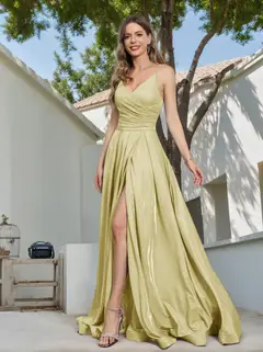 A-Line Spaghetti Straps V-Neck Sleeveless Metallic Lurex Long Prom Dresses — view 23