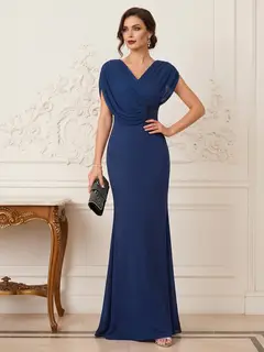 Trumpet/Mermaid V-Neck Short Sleeves Floor-Length Pleated Mother of the Bride Dresses with Rhinestone — view 1
