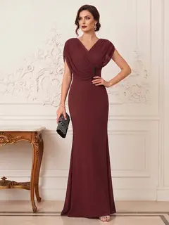 Trumpet/Mermaid V-Neck Short Sleeves Floor-Length Pleated Mother of the Bride Dresses with Rhinestone — view 3