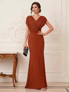 Trumpet/Mermaid V-Neck Short Sleeves Floor-Length Pleated Mother of the Bride Dresses with Rhinestone — view 5