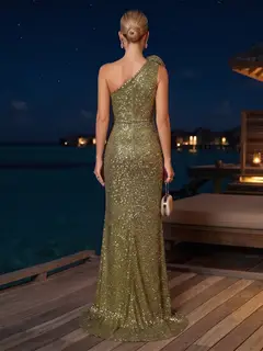 Trumpet/Mermaid One-Shoulder Sweep Train Evening Dresses with Sequins & 3D Floral — view 2
