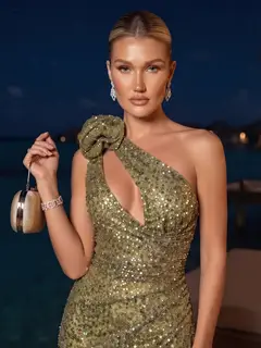 Trumpet/Mermaid One-Shoulder Sweep Train Evening Dresses with Sequins & 3D Floral — view 3