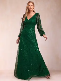 A-Line/Princess V-Neck Long Sleeves Floor-Length Mother of the Bride Dresses — view 1