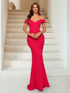 Sheath/Column Off-the-Shoulder V-Neck Sweep Train Chiffon Evening Dresses — view 1