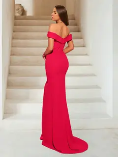 Sheath/Column Off-the-Shoulder V-Neck Sweep Train Chiffon Evening Dresses — view 2