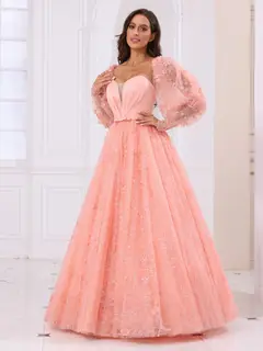 A-Line/Princess Sweetheart Long Prom Dresses with Detachable Sleeves — view 3