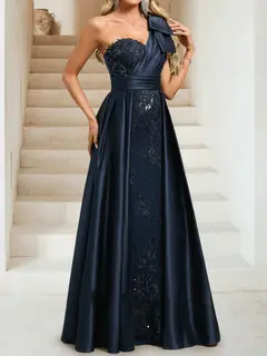 Sheath/Column One Shoulder Sleeveless Floor-Length Evening Dresses with Sequins & Overskirt — view 3