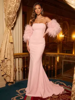 Trumpet/Mermaid Strapless Long Sleeves train/brush train Evening Dresses with Feather — view 1