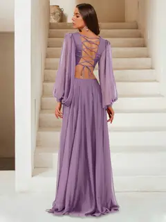 A-Line/Princess V-Neck Floor-Length Chiffon Ruched Bridesmaid Dresses with Split Side — view 2