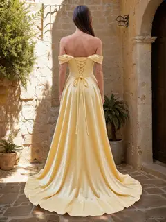 A-Line/Princess Off-the-Shoulder Short Sleeves Basque Waist Prom Dresses with Split Side — view 2