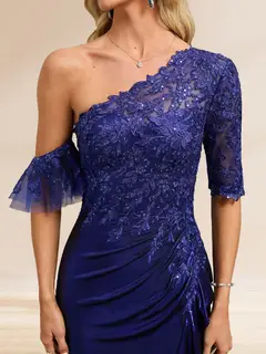 Sheath/Column Asymmetrical One Shoulder Half Sleeve Floor-Length Evening Dresses with Sequins & Split Side — view 3