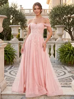 Ball Gown Off-the-Shoulder Short Sleeves Applique Prom Dresses — view 1