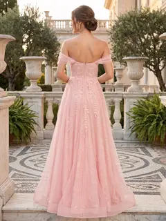 Ball Gown Off-the-Shoulder Short Sleeves Applique Prom Dresses — view 2