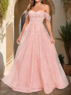 Ball Gown Off-the-Shoulder Short Sleeves Applique Prom Dresses — view 3