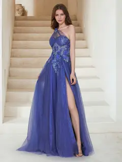 Maxi Tulle A-Line One-Shoulder Evening Dresses with Sequin Appliques & 3D Flower — view 1