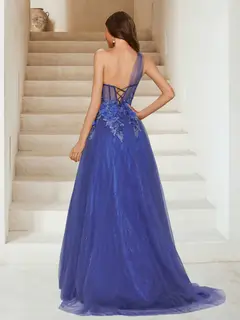 Maxi Tulle A-Line One-Shoulder Evening Dresses with Sequin Appliques & 3D Flower — view 2