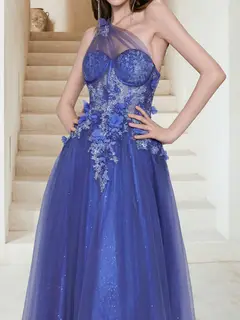 Maxi Tulle A-Line One-Shoulder Evening Dresses with Sequin Appliques & 3D Flower — view 3