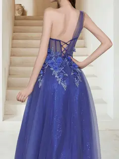 Maxi Tulle A-Line One-Shoulder Evening Dresses with Sequin Appliques & 3D Flower — view 4