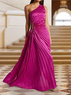 A-Line/Princess One-Shoulder Side Cutout Satin Pleated Evening Dresses — view 3