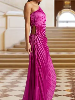 A-Line/Princess One-Shoulder Side Cutout Satin Pleated Evening Dresses — view 5