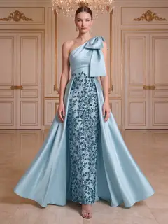 Trumpet/Mermaid One-Shoulder Sleeveless Floor-Length Evening Dresses with Bowknot & Embroidery — view 1