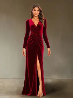 Sheath/Column V-Neck Long Sleeves Velvet Ruched Evening Dresses with Side Slit — view 1