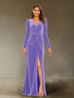 Sheath/Column V-Neck Long Sleeves Velvet Ruched Evening Dresses with Side Slit — view 3