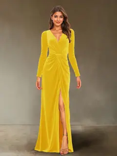 Sheath/Column V-Neck Long Sleeves Velvet Ruched Evening Dresses with Side Slit — view 4