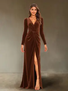 Sheath/Column V-Neck Long Sleeves Velvet Ruched Evening Dresses with Side Slit — view 5