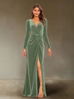 Sheath/Column V-Neck Long Sleeves Velvet Ruched Evening Dresses with Side Slit — view 8