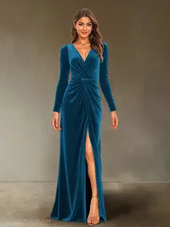 Sheath/Column V-Neck Long Sleeves Velvet Ruched Evening Dresses with Side Slit — view 9
