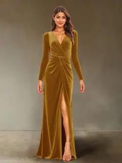 Sheath/Column V-Neck Long Sleeves Velvet Ruched Evening Dresses with Side Slit — view 10